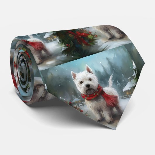 雪のクリスマスに西ハイランドホワイトテリア犬 ネクタイ (ロール)