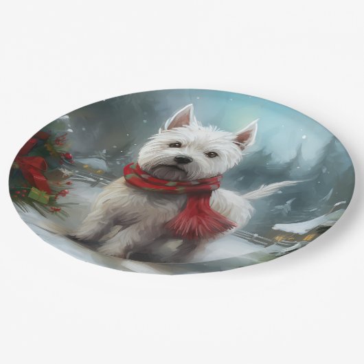 雪のクリスマスに西ハイランドホワイトテリア犬 ペーパープレート (アングル)
