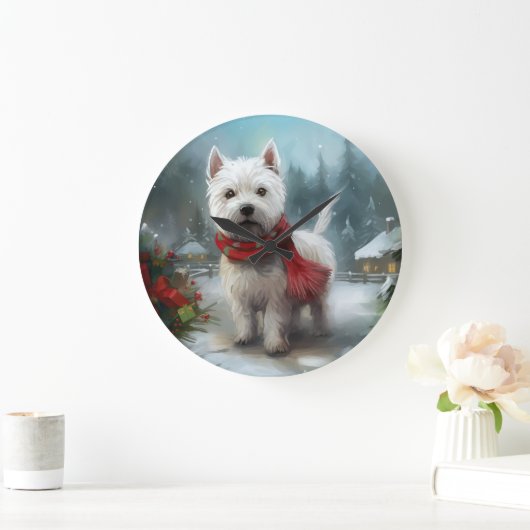 雪のクリスマスに西ハイランドホワイトテリア犬 ラージ壁時計 (ホーム)