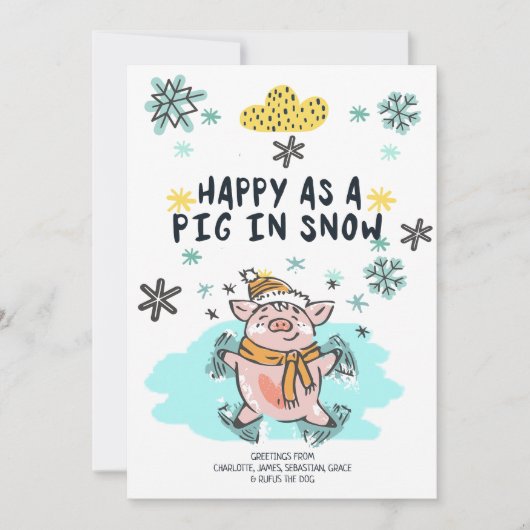 雪のクリスマスに豚のように幸せである シーズンカード (正面)