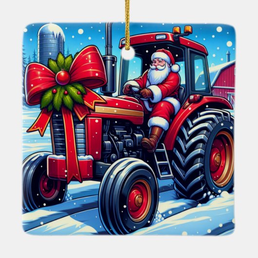 雪のクリスマスに赤いトラクターを運転するサンタ セラミックオーナメント (裏面)