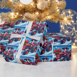 雪のクリスマスに赤いトラクターを運転するサンタ ラッピングペーパー
