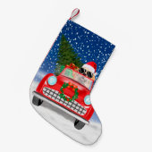 雪のクリスマスに車を運転するゴールデンレトリバー犬 スモールクリスマスストッキング (正面 (吊り時))