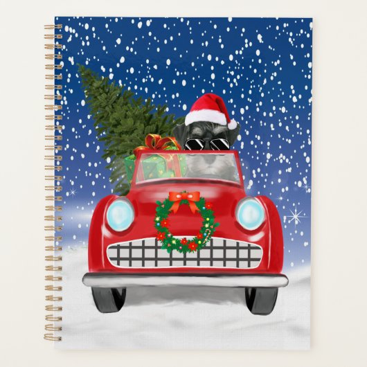 雪のクリスマスに車を運転するシュナウツァードッグ プランナー手帳 (正面)