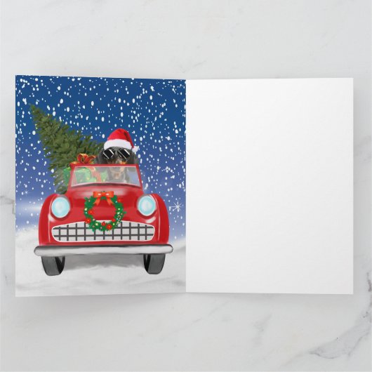 雪のクリスマスに車を運転するダックスフンド犬,  カード (内部)