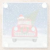 雪のクリスマスに車を運転するチワホアドッグ ガラスコースター (裏面)