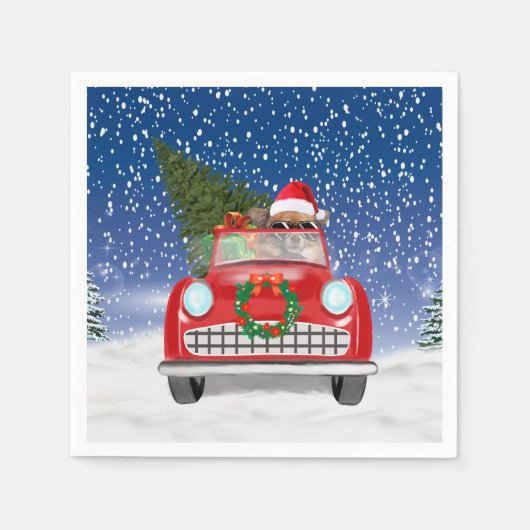 雪のクリスマスに車を運転するチワホアドッグ スタンダードカクテルナプキン (正面)