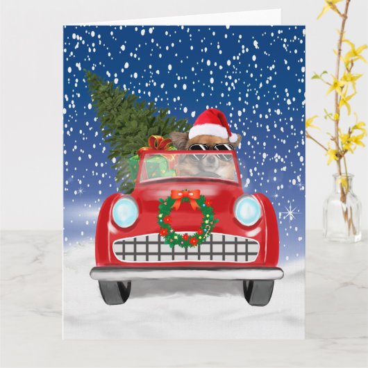 雪のクリスマスに車を運転するチワワ犬, カード (黄色い花)