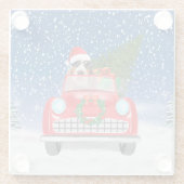 雪のクリスマスに車を運転するバスセットハウンドドッグ ガラスコースター (裏面)