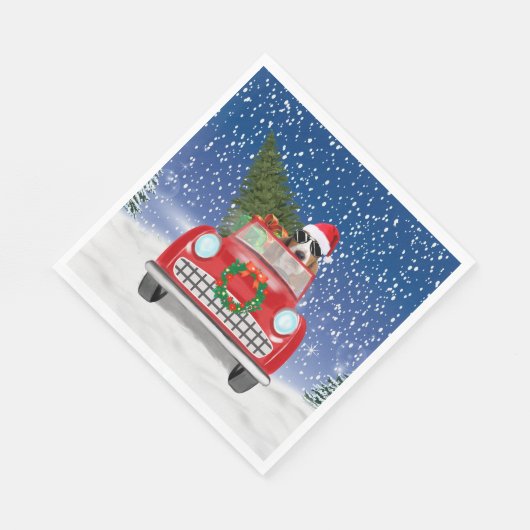 雪のクリスマスに車を運転するバスセットハウンドドッグ スタンダードランチョンナプキン (角)