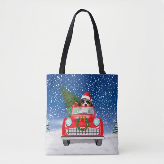 雪のクリスマスに車を運転するビーグル犬 トートバッグ (正面)