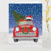 雪のクリスマスに車を運転するフレンチブルドッグ カード (黄色い花)