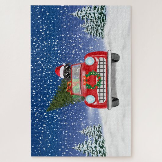 雪のクリスマスに車を運転する偉大なダン犬 ジグソーパズル (縦)