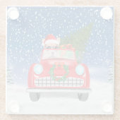 雪のクリスマスに車を運転するCorgi犬 ガラスコースター (裏面)