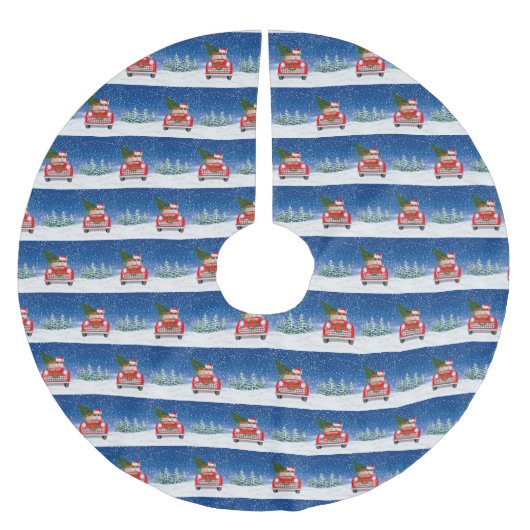 雪のクリスマスに車を運転するCorgi犬 ブラッシュドポリエステルツリースカート (正面)