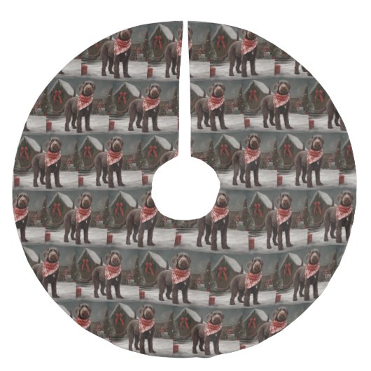 雪のクリスマスに金髪のポインティングドッグ ブラッシュドポリエステルツリースカート (正面)