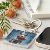 雪のクリスマスに青いヒーラー犬 キーホルダー (正面右)