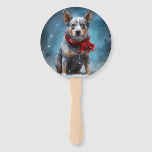 雪のクリスマスに青いヒーラー犬 ハンドファン (正面)