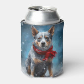 雪のクリスマスに青いヒーラー犬 缶クーラー (缶正面)