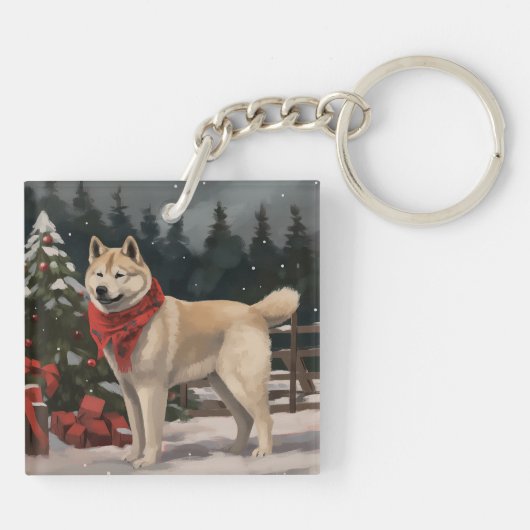雪のクリスマスに飼う秋田犬 キーホルダー (裏面)