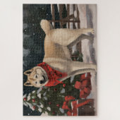 雪のクリスマスに飼う秋田犬 ジグソーパズル (縦)