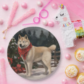 雪のクリスマスに飼う秋田犬 ペーパープレート (パーティー)