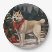 雪のクリスマスに飼う秋田犬 ペーパープレート (正面)
