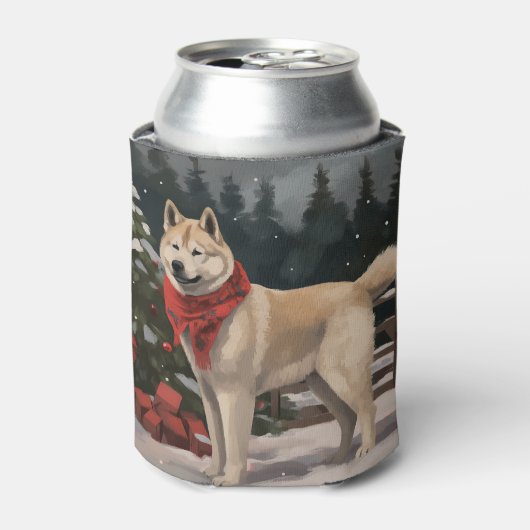雪のクリスマスに飼う秋田犬 缶クーラー (缶正面)