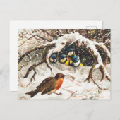 雪のクリスマスに鳥を描くヴィンテージ シーズンポストカード (正面/裏面)