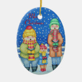 雪のクリスマスのおもしろいなキャロルの歌手は設計します セラミックオーナメント (正面)