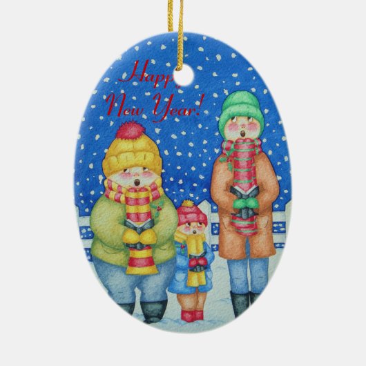 雪のクリスマスのおもしろいなキャロルの歌手は設計します セラミックオーナメント (裏面)