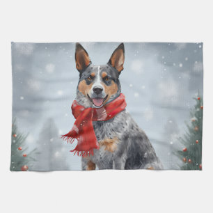 雪のクリスマスのオーストラリアン・キャトル・ドッグ キッチンタオル