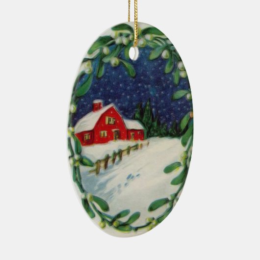 雪のクリスマスのオーナメントの赤い納屋 セラミックオーナメント (右)