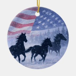 雪のクリスマスのカントリーウエスタンの野生馬 セラミックオーナメント