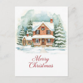 雪のクリスマスのクラシック・ブリックホーム シーズンポストカード