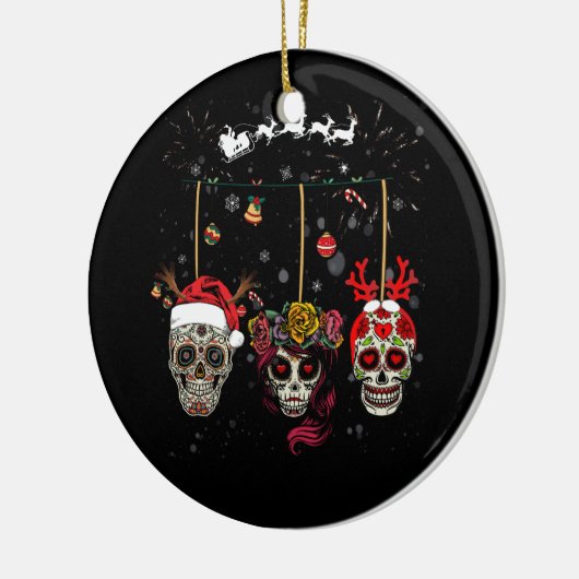 雪のクリスマスのクリスマスメキシコの花砂糖スカル セラミックオーナメント (左)