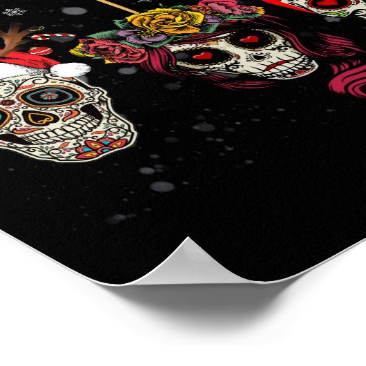 雪のクリスマスのクリスマスメキシコの花砂糖スカル ポスター (角)