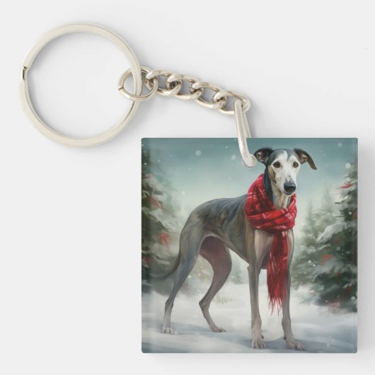 雪のクリスマスのグレイハウンド キーホルダー (正面)