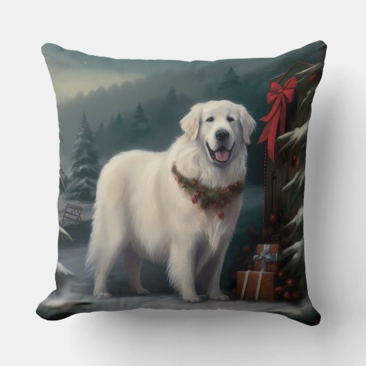 雪のクリスマスのグレートピレネー犬 クッション (正面)