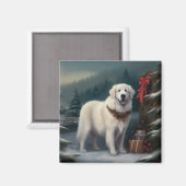 雪のクリスマスのグレートピレネー犬 マグネット (正面/裏面)