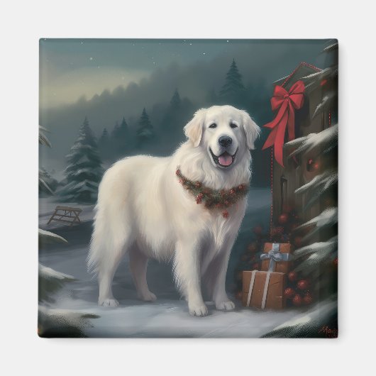 雪のクリスマスのグレートピレネー犬 マグネット (正面)