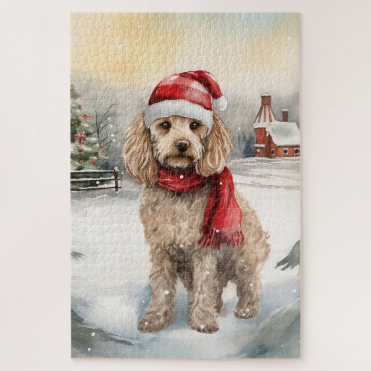 雪のクリスマスのコカプー犬 ジグソーパズル (縦)