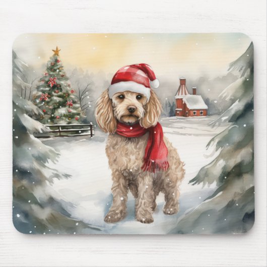雪のクリスマスのコカプー犬 マウスパッド (正面)