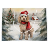 雪のクリスマスのコカプー犬 ラージペーパーバッグ (正面)