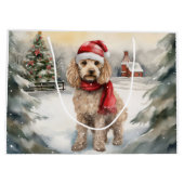 雪のクリスマスのコカプー犬 ラージペーパーバッグ (裏面)