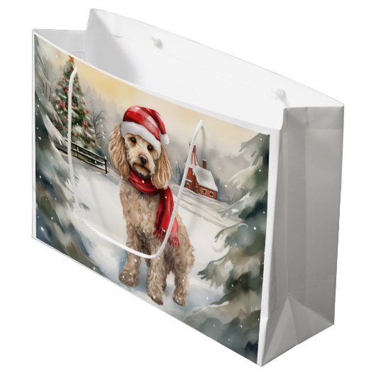 雪のクリスマスのコカプー犬 ラージペーパーバッグ (正面アングル)
