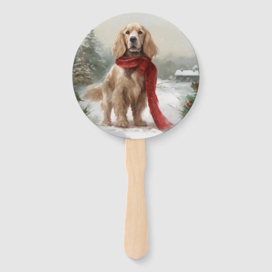雪のクリスマスのコッカースパニエル犬 ハンドファン (正面)