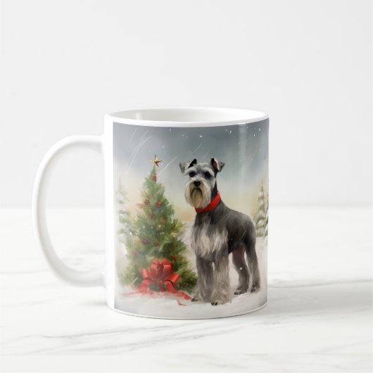 雪のクリスマスのシュナウザー犬 コーヒーマグカップ (左)