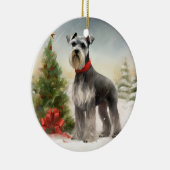 雪のクリスマスのシュナウザー犬 セラミックオーナメント (右)