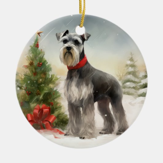 雪のクリスマスのシュナウザー犬 セラミックオーナメント (正面)